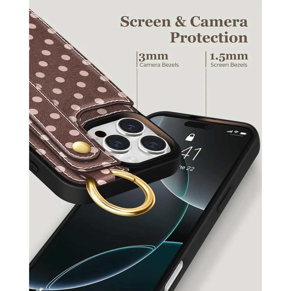 iPhone 16 Pro Max Wallet Case Cute Girly Brown Polka Dot Leather Card Holder